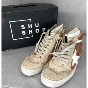 Shu Shop Women Rina Sparkle Sneaker Rose Gold Star High Top Shoe Sz9 NEW